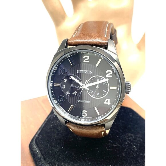 Citizen Men's Watch AO9028-07E Eco-Drive Black Dial Brown Leather Strap 43mm - Picture 14 of 15